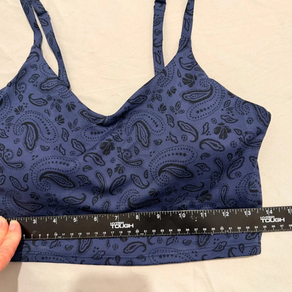 Athleta Elation Longline Bra Blue Paisley Powervita V-Neck Sports Bra Small